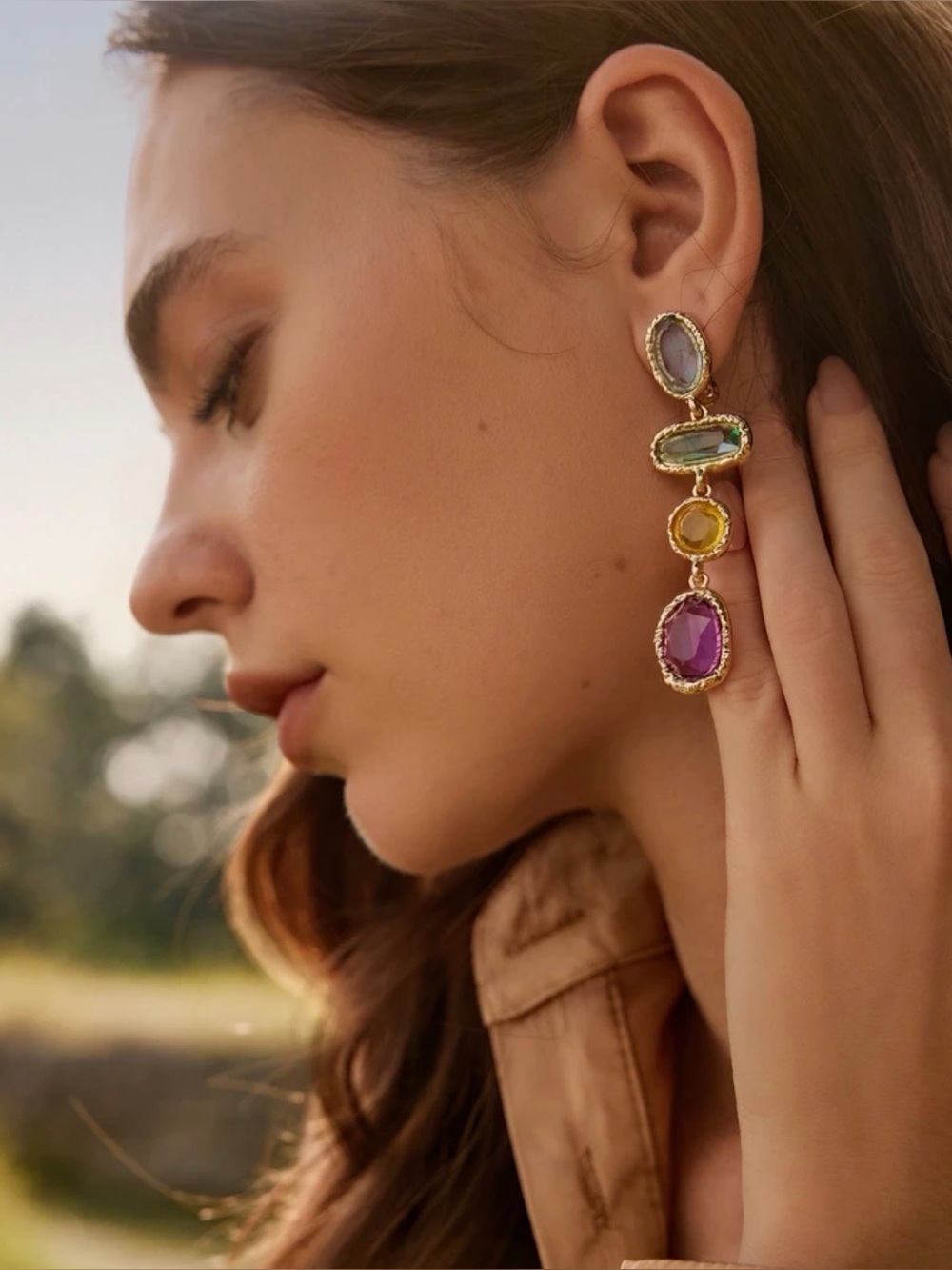 Gold Multi-Stone Drop Earrings A2154 - Picture 2 of 3